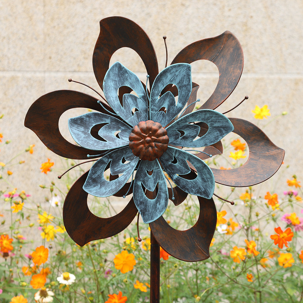 Kinetic metal wind spinner for yard and garden